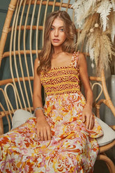 Davi & Dani Multi Smocked Bodice Geo Ruffle Strappy Midi Dress OutfitFlow